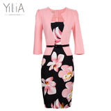 Yilia Women One Piece Patchwork Floral Print Elegant Business Party Formal Office Plus Size Bodycon Pencil Casual Work Dress