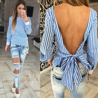 Novelty Striped Blouses Women Sexy Bowknot Backless Shirts Long Sleeve O neck Blouse Women Bandage Tops Plus Size Female M0132