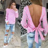 Novelty Striped Blouses Women Sexy Bowknot Backless Shirts Long Sleeve O neck Blouse Women Bandage Tops Plus Size Female M0132