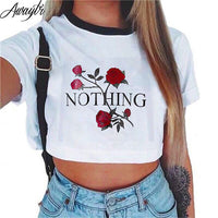 Awaytr Women's Summer Letter Printed Crop Top 2017 Short Sleeve Cotton T Shirts Brand New Casual Tees Cute Cropped Top