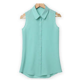 Women Sleeveless Turn-down Chiffon Blouse Summer Shirt Blusas Femeninas  Solid Vest Tops Camisa De Chifon Feminina