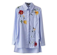 Women sweet floral embroidery striped long shirts long sleeve blouse side split turn-down collar casual tops blusas LT1120