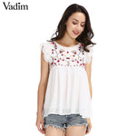 Vadim sweet floral embroidery pleated ruffled shirt cute sleeveless vintage doll blouse ladies summer casual tops blusas WT418