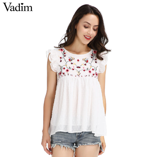 Vadim sweet floral embroidery pleated ruffled shirt cute sleeveless vintage doll blouse ladies summer casual tops blusas WT418