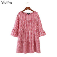 Women oversized pleated plaid dress summer elegant checkered flare sleeve loose casual sweet dresses vestidos QZ2821