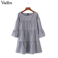 Women oversized pleated plaid dress summer elegant checkered flare sleeve loose casual sweet dresses vestidos QZ2821