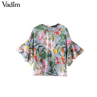 Vadim women sweet ruffles loose floral shirts short sleeve o neck blouse European style flower print tops blusas DT1052