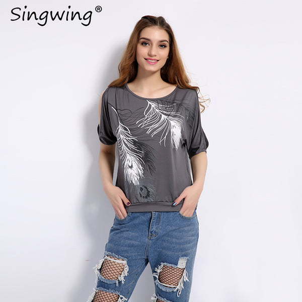 Summer Women Feather Printed T-shirts O- neck Strapless Shirts Off Shoulder Short-sleeved T-shirt Loose Type