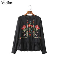 Women vintage flower embroidery shirts long sleeve ruffles pleated o neck blouse ladies casual tops blusas LT1400