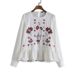 Women vintage flower embroidery shirts long sleeve ruffles pleated o neck blouse ladies casual tops blusas LT1400