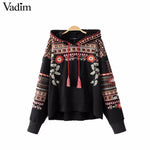 Vadim vintage totem geometric embroidery hooded sweatshirt oversized sequined long sleeve pullover casual tops sudaderas SW1211