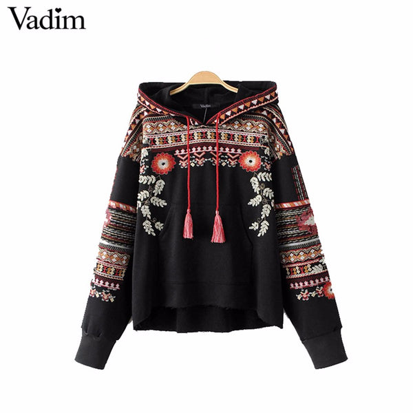 Vadim vintage totem geometric embroidery hooded sweatshirt oversized sequined long sleeve pullover casual tops sudaderas SW1211