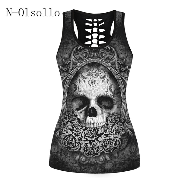 2017 3D Skull Printed Black Short Tops Sleeveless Hollow Out O neck Casual Tank Vest Female Bodybuilding Fitness Sporting Shirts