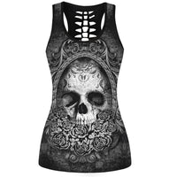 2017 3D Skull Printed Black Short Tops Sleeveless Hollow Out O neck Casual Tank Vest Female Bodybuilding Fitness Sporting Shirts