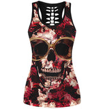 2017 3D Skull Printed Black Short Tops Sleeveless Hollow Out O neck Casual Tank Vest Female Bodybuilding Fitness Sporting Shirts