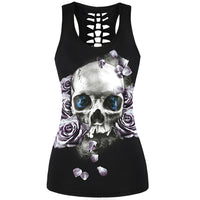 2017 3D Skull Printed Black Short Tops Sleeveless Hollow Out O neck Casual Tank Vest Female Bodybuilding Fitness Sporting Shirts