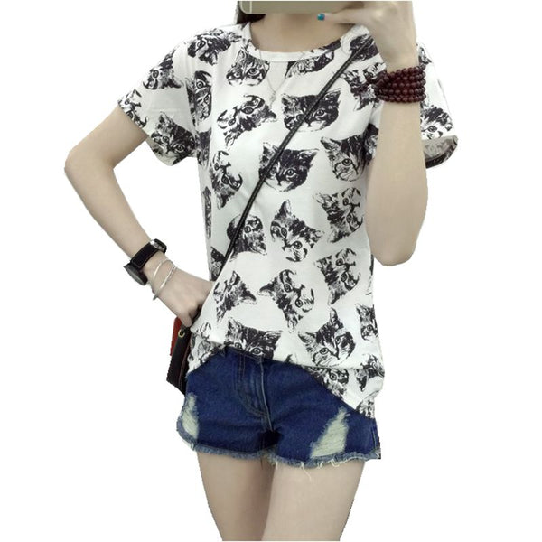 Women Top Summer New Fashion Female T-shirt Korean Sweet Cartoon Cat Printed Ladies Short Sleeve Tops Plus Size M-4XL