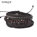 FUNIQUE Multilayer Bracelet Men Casual Fashion Braided Leather Bracelets For Women Wood Bead Bracelet Punk Rock Men Jewelry