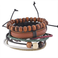 FUNIQUE Multilayer Bracelet Men Casual Fashion Braided Leather Bracelets For Women Wood Bead Bracelet Punk Rock Men Jewelry