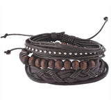 FUNIQUE Multilayer Bracelet Men Casual Fashion Braided Leather Bracelets For Women Wood Bead Bracelet Punk Rock Men Jewelry