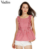 Vadim women sweet ruffles plaid pleated shirts buttons sleeveless backless checked blouse ladies summer casual tops blusas WT459