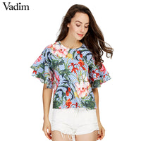 Vadim women sweet ruffles loose floral shirts short sleeve o neck blouse European style flower print tops blusas DT1052