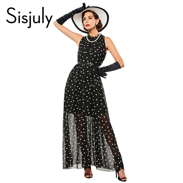 Sisjuly women maxi fashion polka dots maxi dress long casual summer beach chiffon party black dresses style elegant maxi dress