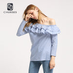 CHURSES One shoulder ruffles blouse shirt women tops 2017 autumn Casual blue striped shirt Long sleeve cool blouse winter blusas