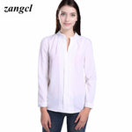 Zangcl Casual White Women Blouse Ladies Solid Elegant V-neck Blouses Long Sleeve OL Office Shirt