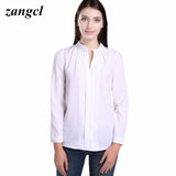 Zangcl Casual White Women Blouse Ladies Solid Elegant V-neck Blouses Long Sleeve OL Office Shirt