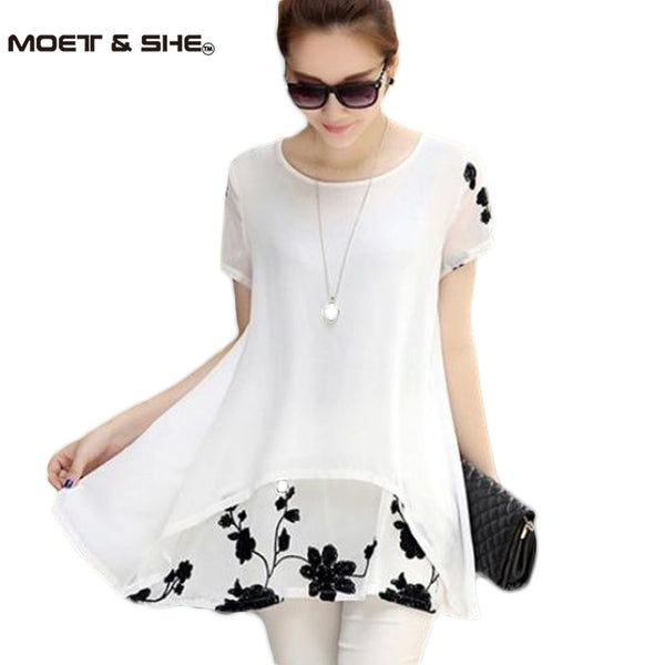 Plus Size 5XL Chiffon Blouse Women Clothing Loose Short Sleeve Embroidery Flower Print Patchwork White Tops Big Shirts D53558