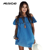 MOARCHO Women dress New Fashion Designer Loose Slash neck Jeans Dresses Summer Casual Sleeveless ladies elegant Denim Dresses