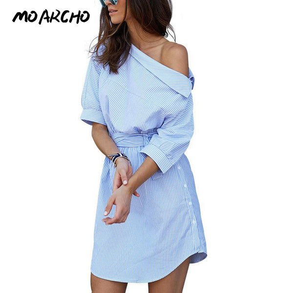 MOARCHO Fashion one shoulder Blue striped women dress shirt Sexy side split Elegant half sleeve waistband OL girls beach dresses