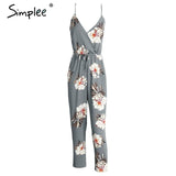 Simplee Casual print long jumpsuit romper women Sexy v neck straight overalls Streetwear sashes chiffon playsuit