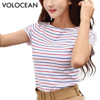 Volocean 2017 Summer Casual T-shirts For Women Classic Striped Cotton T Shirt Woman Plus Size Female T-shirt Top Tee