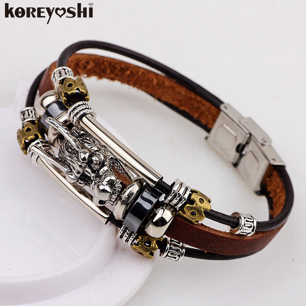 bracelet men Accessoires homme 2016 Tibetan silver men leather bracelet fashion male vintage parataxis dragon Multilayer jewelry