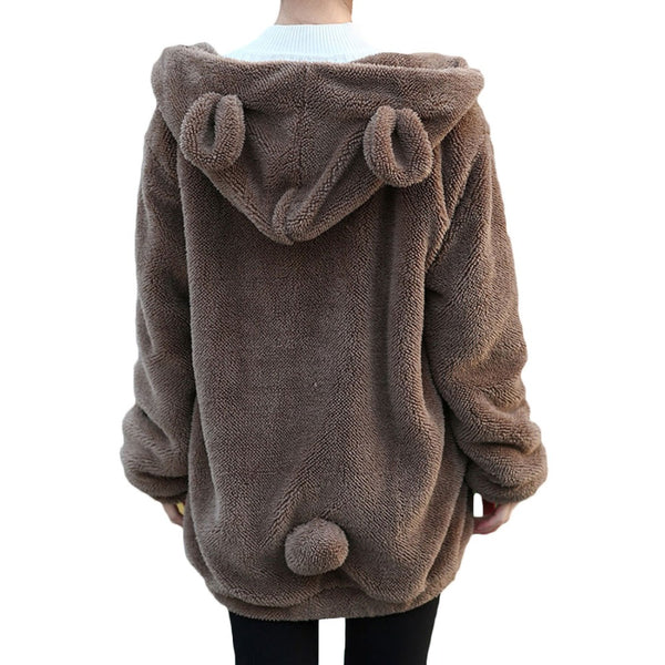 Hot Sale Women Hoodies Zipper Girl  Winter Loose Fluffy Bear Ear Hoodie Hooded Jacket Warm Outerwear Coat cute sweatshirt H1301