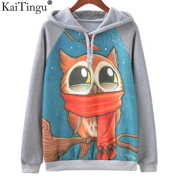 KaiTingu Brand Fashion Autumn Winter Long Sleeve Women Sweatshirt Harajuku Owl Print Hoodies Hooded Tracksuit Jumper Pullover