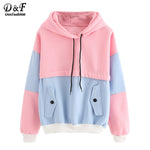 Dotfashion Color Block Drawstring Hooded Tops Pink and Blue Pullovers Women Long Sleeve Patchwork Sweatshirt